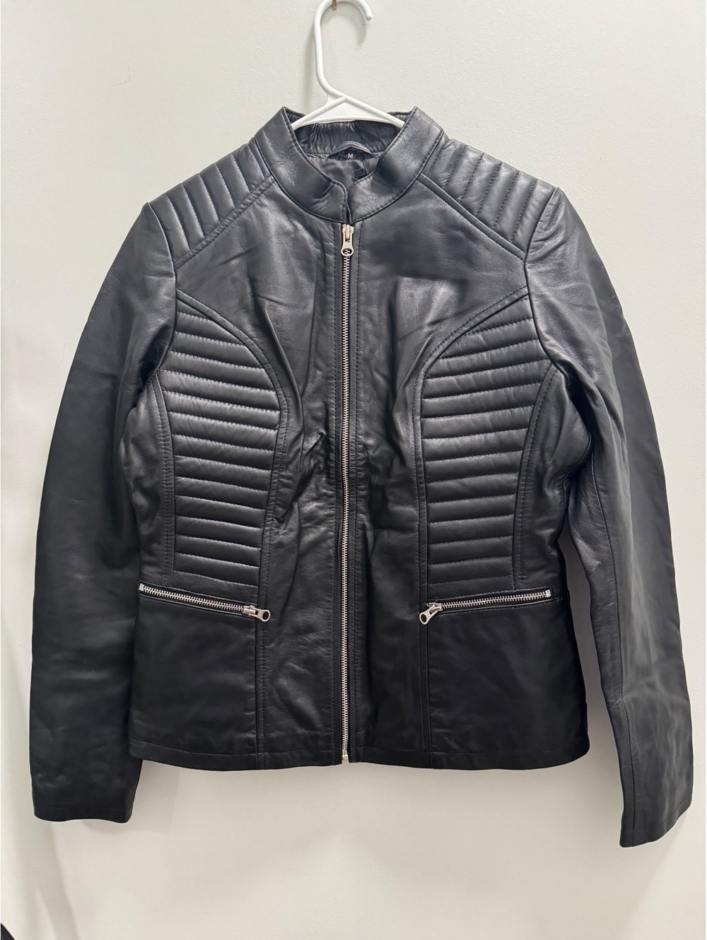 Black Real Leather Quilted Motorcycle Jacket Women's Medium